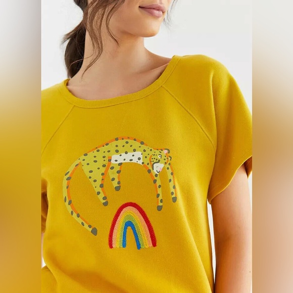 Anthropologie Tops - Anthropologie Jarmel by Jarmel Rainbow Cheetah Leopard Crewneck Top Yellow M